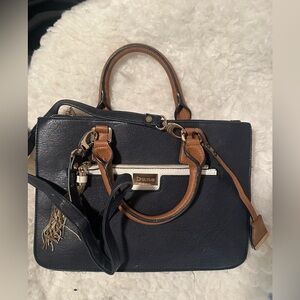 Dune London Navy Blue Tan Gold Commuter Laptop Briefcase Top Handle Bag